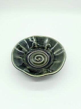 Handmade Forest Green Drip Glazed Fluted Rim Round Bowl